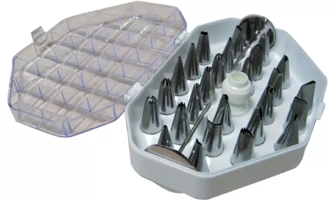 Set mit 26 Edelstahl-Spritztüllen in Box inkl. Adapter